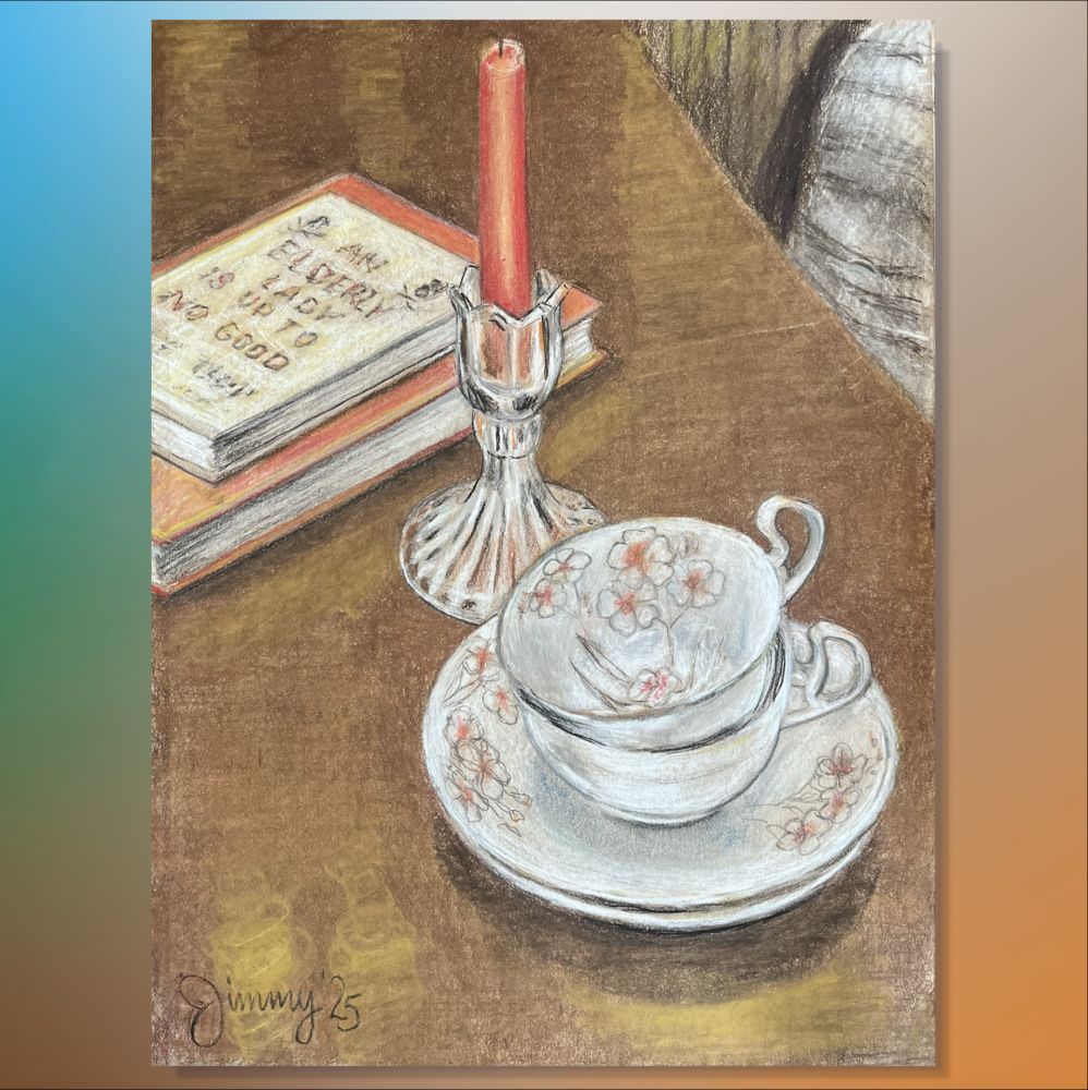 A stack of tea cups and a stack of books on a table top.
9" x 12"
Pastels and Pencil Drawing