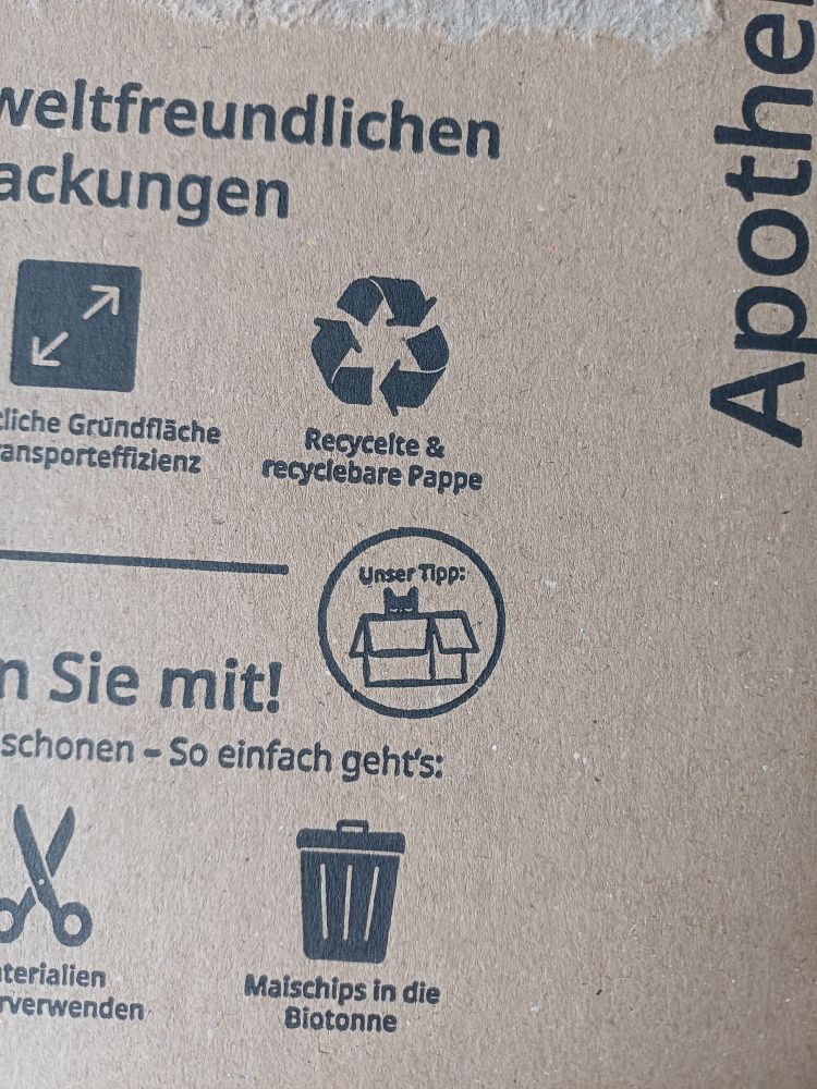 photo of the printed symbols on a cardboard box, in the middle is a round icon with a cat in a box with the text "Unser Tipp" (our suggestion)