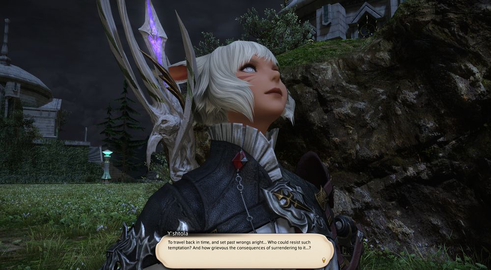 Y'shtola saying: 
To travel back in time,and set past wrongs aright... Who could resist such temptation? And how grievous the consequences of surrendering to it...?