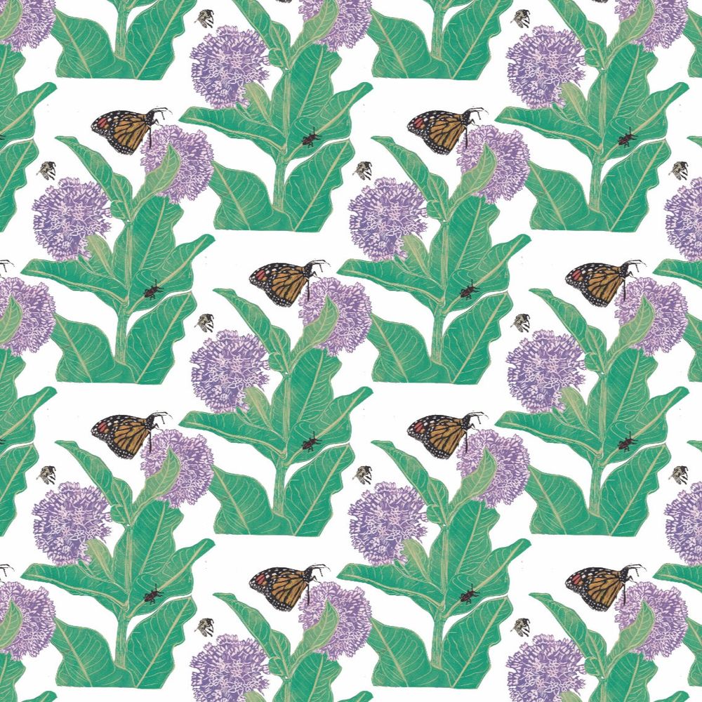 As described this is a repeat pattern (overlapping half-drop) I made with my linocut of common milkweed with deep bluish green stem and leaves and two mauve-pink blooms, a flying yellow and black bumblebee, a perched monarch butterfly in oranges, black and white and a red and black little milkweed bug on a leaf, against a white background.