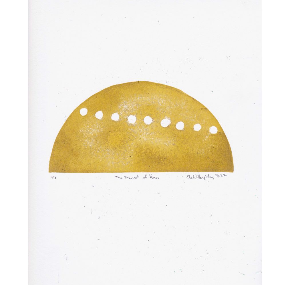 This linocut represents the transit of Venus. A gold semicircle (curve up, flat side horizontal) on white paper represents the solar disk and the series of smaller excised circles represent the path of Venus tracing a slanted line which would form a chord of the semicircle.