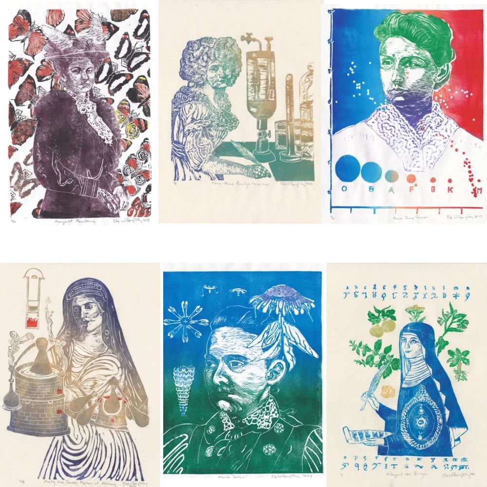 A collection of 6 of my linocut portraits of women scientists illustrated with tools of their trade or research results. Top row: Margaret Fountaine, Marie-Anne Paulze Lavoisier, Annie Jump Cannon. Second row: Mary the Jewess, Maude Jane Delap, Hildegard von Bingen