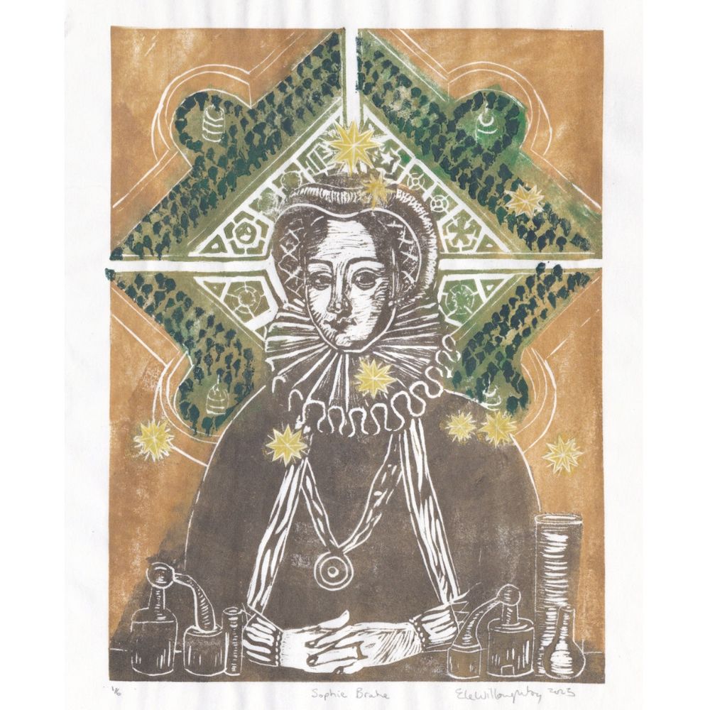 My 11” x 14” linocut portrait of Sophie Brahe, a Renaissance aristocrat in headgear, ruff, dark clothing with medallion on a wide band and a long scarf or other thin fabric draped over her shoulders with her hands folded in front of her and alchemical vessels, printed in dark bronze ink, on a bronze background. In green behind her head is a map of the gardens at Uranienborg, with her head at the centre of the diamond shaped pale green knot garden (geometric planned gardens). This is surrounded by an orchard in darker green with semicircle bump outs on each side of the diamond. The stars of Cassiopeia from De stelle nova are printed in gold on top of everything; there are stars across her chest and ruff and in the garden and the large supernova is above her head.