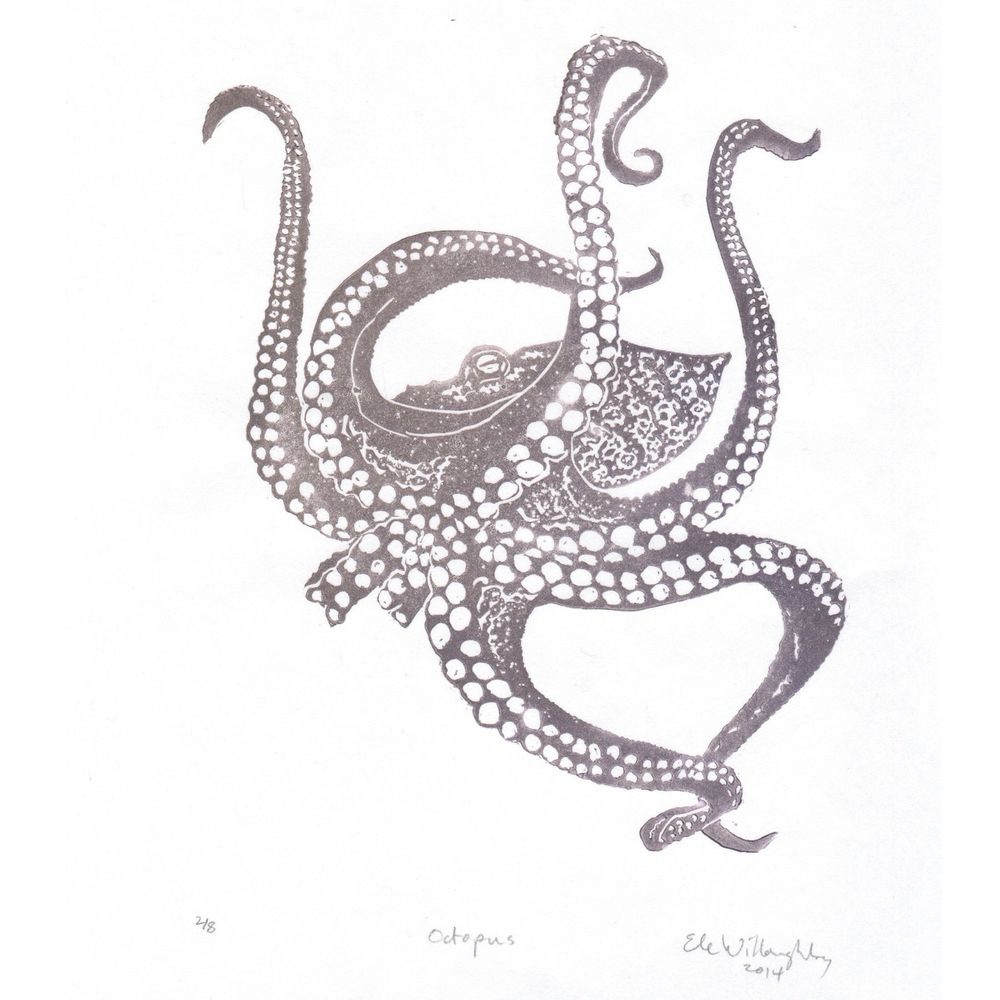 My swimming octopus linocut in burgundy ink on white washi paper.