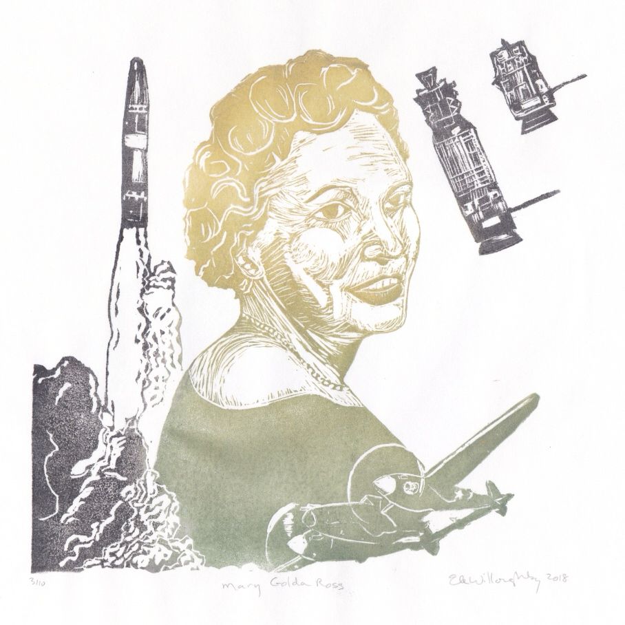 Linocut portrait of Mary Golda Ross looking over her shoulder in a gradient of green (at bottom) to gold (at top) surrounded by vehicles important to her career including P-38 Lighting fighter plane, and Agena rocket, important to Apollo missions in grey.