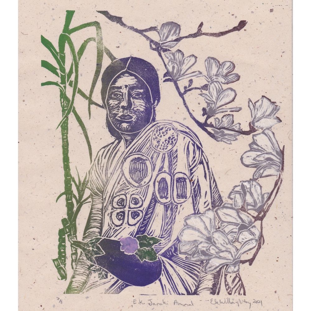 My linocut portrait of Janaki Ammal on speckled cream coloured washi paper, in purple ink, seated, in a sari and looking over her shoulder. There are mitosis diagrams on her sari. She is surrounded by plants she worked on: sugarcane in green to her left, magnolia with purple-brown branches and white blossoms outlined in silver to her right and a purple eggplant with pink blossom, and green leaves and stem at the bottom.