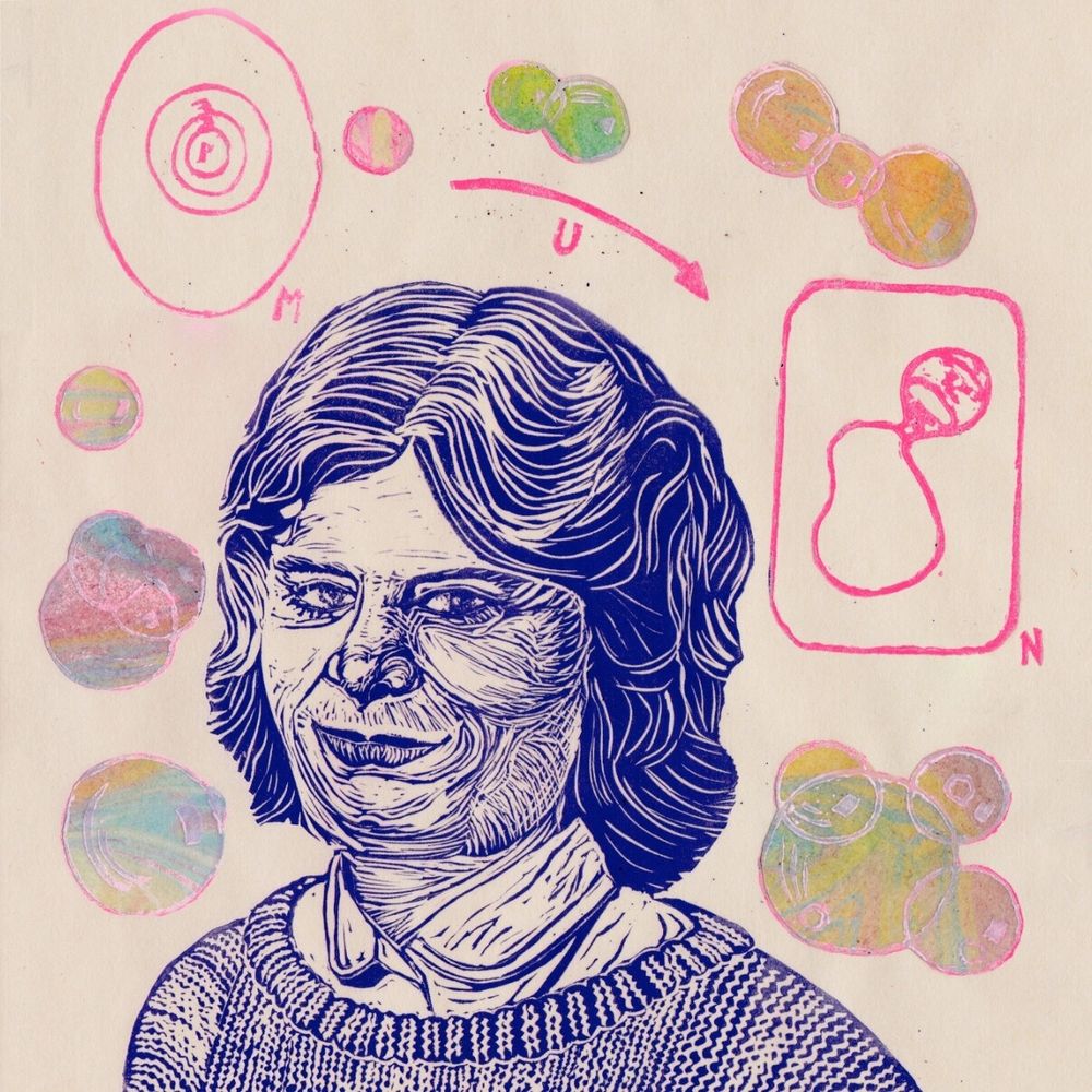 Blue linocut portrait of mathematician Karen Uhlenbeck on cream paper with hot pink diagrams and soap bubbles