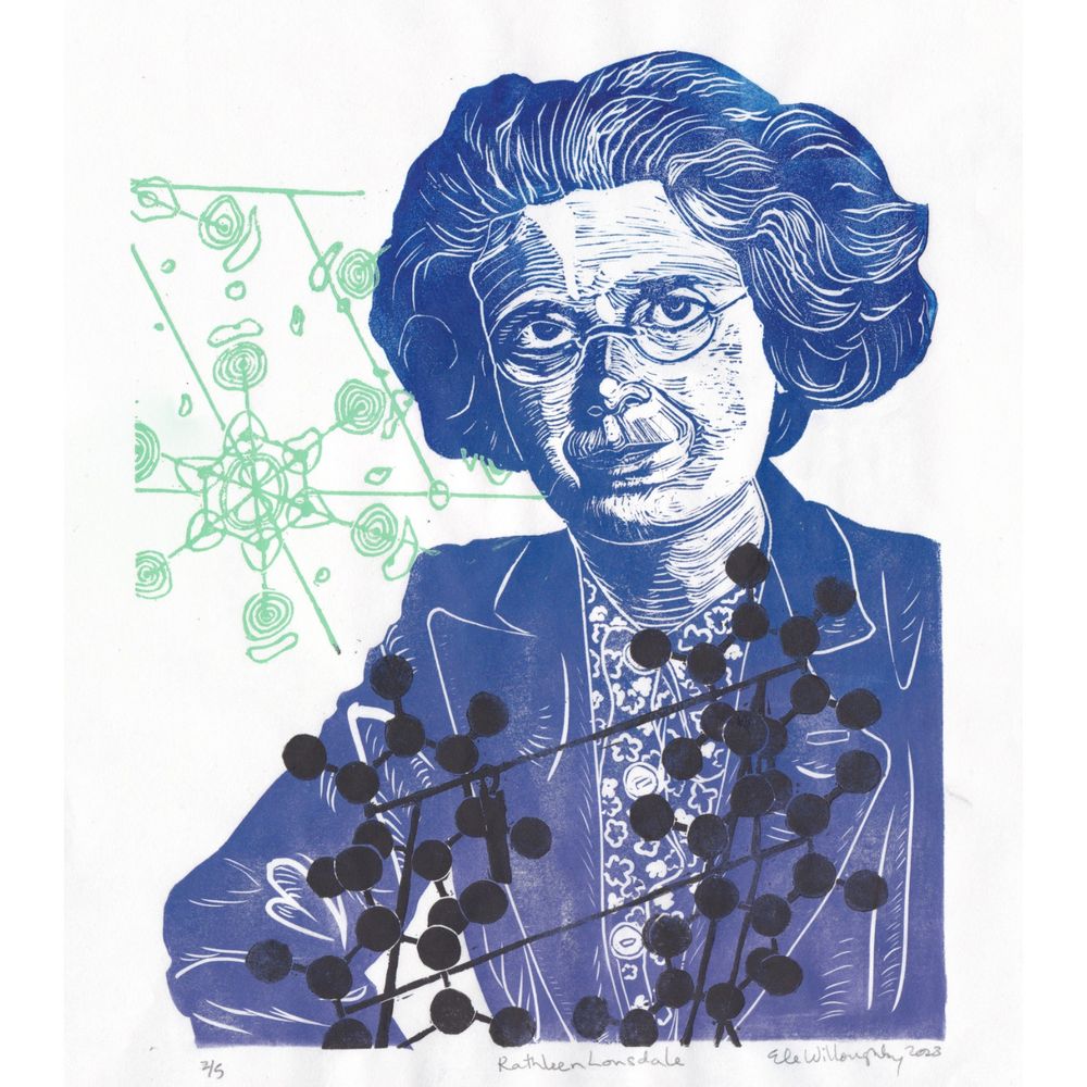My linocut with portrait of Kathleen Lonsdale in gradient of lavender at the bottom to indigo at the top. She looks like a serious woman with a big mop of curly hair, round glasses, in a floral shirt and blazer. To her left is her own first drawing of electron density projection calculated for hexachlorobenzene. In front of her in black is her own one crystal model of hexamethylbenzene (with spheres for atoms and bars to indicate bonds or for structure and a small tag).