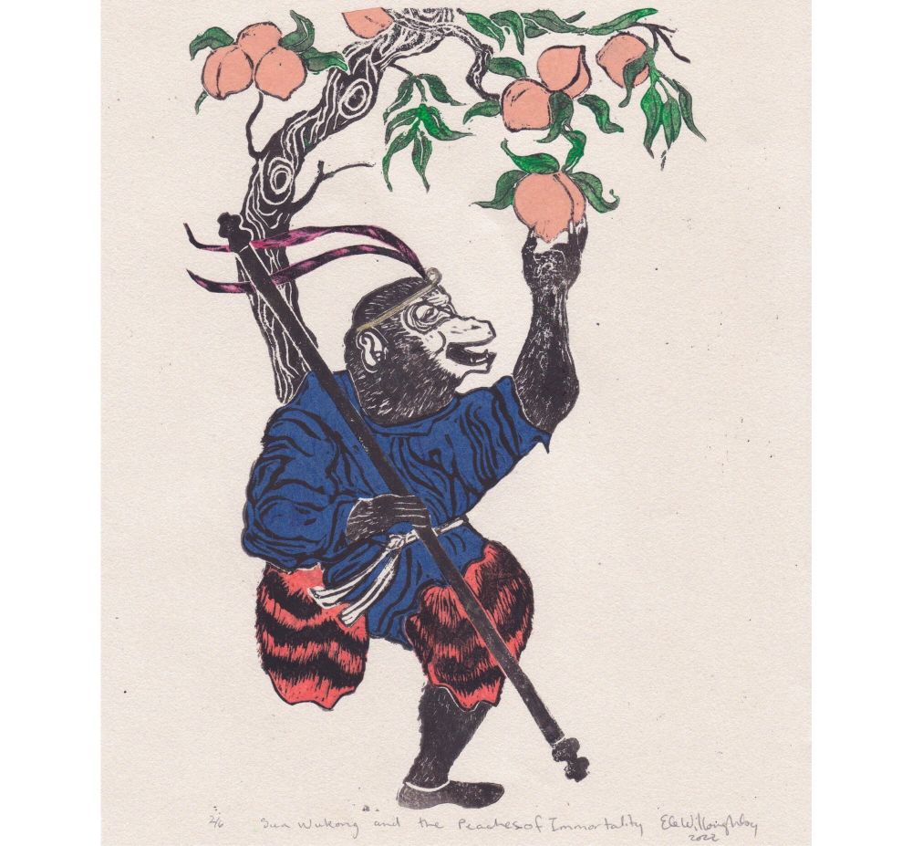 My linocut print of Sun Wukong or Monkey. 

In my print Monkey is helping himself to those Peaches of Immortality. The block is printed by hand in dark brown ink onto lovely 8”x 10” pearlescent paper in a golden cream colour, with collages washi (chine-collé) papers for his blue jacket, orange striped tiger skin pants, red striped phoenix feathers and peaches (pale orange fruit with green leaves).