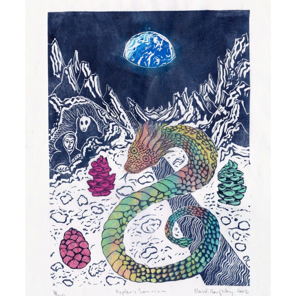 My linocut print of Kepler’s Somnium (or Dream) in darkest blue on white with chine collé collaged papers for aliens. It shows the Earth in space viewed from the mountainous moon where a boy and daemon in a cave view the giant serpent like creature (on marbled paper in swirling pink, orange and blue) and three pinecone shaped creatures on pink, peach and turquoise paper.