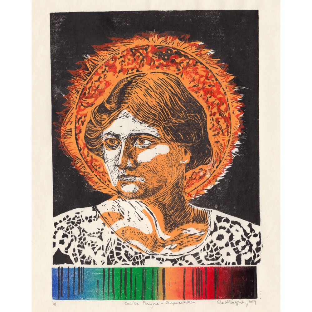 Linocut portrait of Cecilia Payne-Gaposchkin in a lace collar in front of the sun in oranges and black against the blackness of space. At the bottom of the print is the solar absorption spectrum (a rainbow style gradient of indigo at left through to red and black at the right with specific discrete thin black vertical lines at various places).