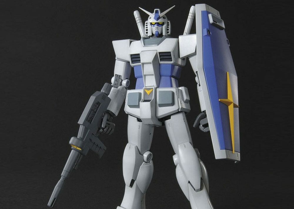 A model kit of the g3 gundam, a white gundam with pale blue accents