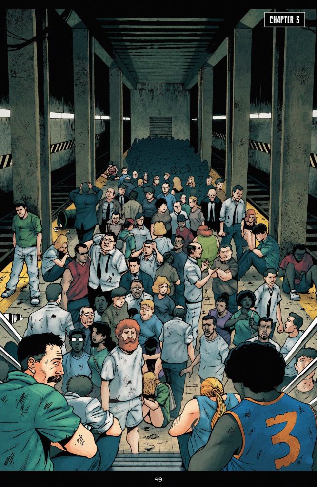 Page from all hail Megatron, a group of survivors are huddled in a subway. Every black person is grey.