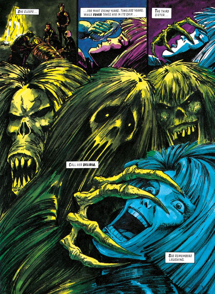 Page from Judge Dredd, Necropolis. The sisters of death are tormenting Judge Anderson. 