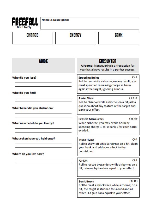 Concept draft for a character sheet for 'Freefall', an airborne superhero, with powers relying on flight.