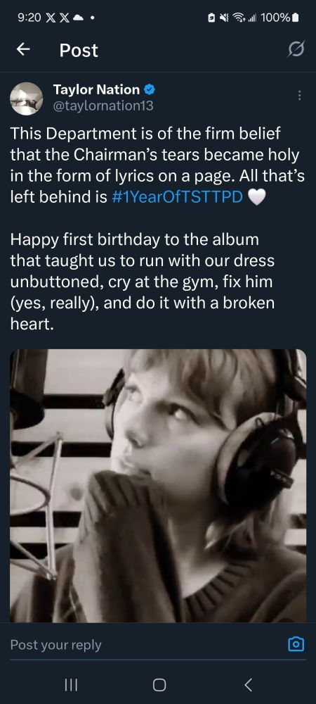 This Department is of the firm belief that the Chairman’s tears became holy in the form of lyrics on a page. All that’s left behind is #1YearOfTSTTPD 🤍

Happy first birthday to the album that taught us to run with our dress unbuttoned, cry at the gym, fix him (yes, really), and do it with a broken heart.