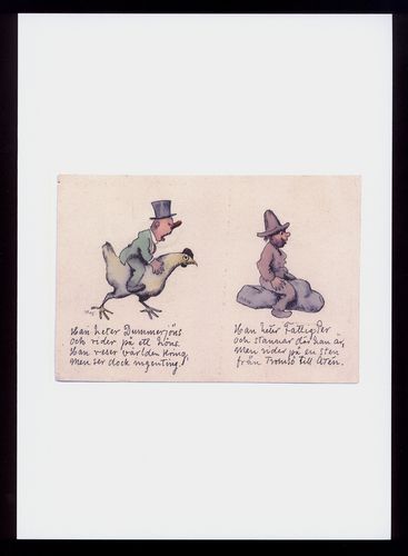 En man rider på en höna och en annan man sitter på en sten. Bilderbok för vuxna.