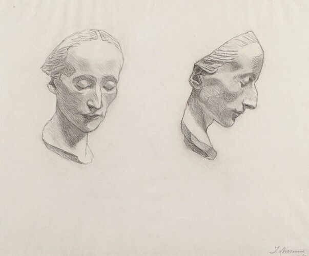 "Studier av skulpterat kvinnohuvud" by Ivar Arosenius is a pencil drawing featuring two contemplative studies of a sculpted female head. Arosenius, known for his expressive and detailed style, captures nuanced facial features with a sense of gentle introspection and classical elegance.