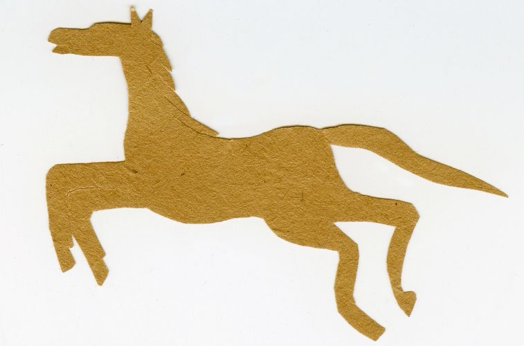 This paper miniature of a horse, associated with the collection of Swedish artist Ivar Arosenius, captures the dynamic silhouette of a horse in motion with minimalist lines and a textured brown material. Arosenius, known for his whimsical and fairy-tale inspired artworks, often infused his pieces with a playful spirit and a sense of movement.