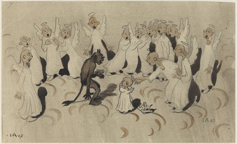 På molnen i himlen står en stor samling änglar och tittar förfärat på en pälsbeklädd djävul med horn och svans som står i mitten. Framför djävulen står en liten barnängel med sin dragleksak och verkar undra vad det är som pågår.