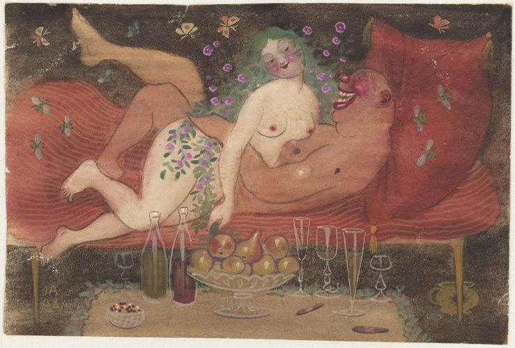 "Om det går att välja olika vägar till idyllen är ruset en karnevalisk dans i riktningen mot den. Karnevaliska och backanaliska inslag förekommer också i flera av Arosenius verk. Exemplen är akvarellerna Bacchanal (1900), Ett narrspel (1906) och Vällust (1908). Extasen innebär en livsbejakelse och motverkar det dödshot som ständigt finns närvarande." Joanna Persman, NAM utställningskatalog 29, 2005, s. 20.
