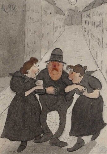 "Man med en kvinna under hvardera armen," part of Ivar Arosenius' collection, portrays a whimsical scene of a jolly, ruddy-faced man arm-in-arm with two women, set against a twilight urban backdrop. Arosenius, known for his imaginative and satirical works, often infused humor and social commentary into his playful depictions of everyday life.