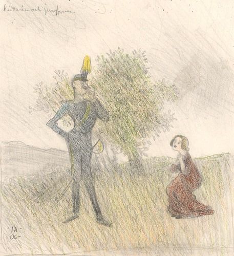 "Riddaren och Jungfrun" by Ivar Arosenius depicts a knight and a maiden in a pastoral landscape, characterized by Arosenius's distinctive whimsical style. The artwork combines delicate lines and muted colors to convey a dreamlike, narrative quality typical of early 20th-century Swedish art.