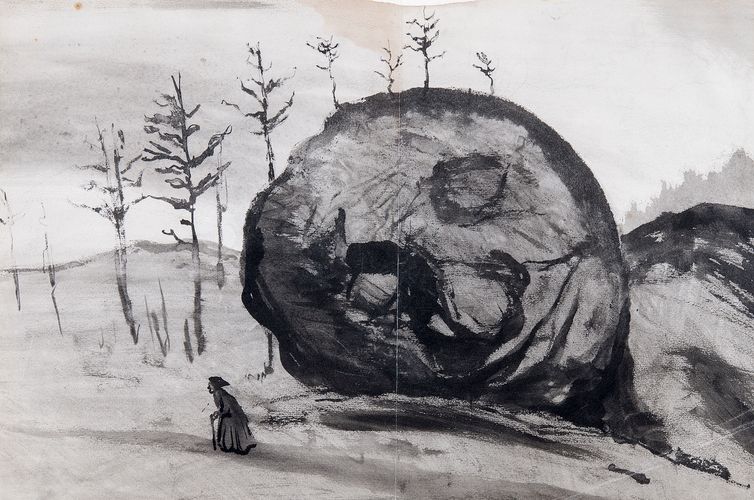 "Old Woman and Sleeping Rock" by Ivar Arosenius features a contemplative scene of an elderly woman walking alongside a massive, personified boulder that appears to slumber amidst barren trees. The monochromatic palette enhances the surreal and dreamlike quality typical of Arosenius's whimsical and allegorical style.