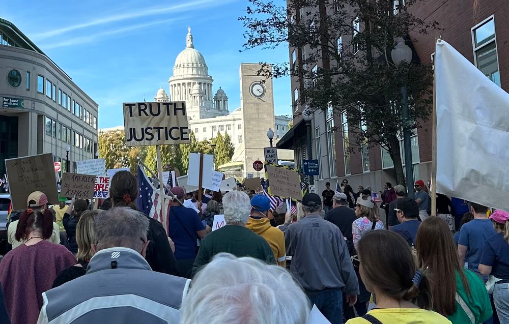 No Kings march in Providence, RI. The state capitol building can be seen in the background. 