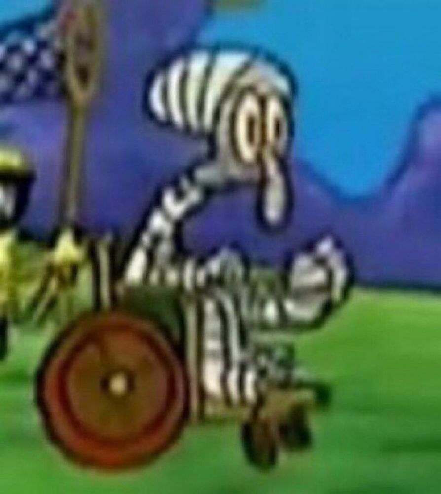 Squidward wrapped in gauze with a broken leg, being pushed in a wheelchair by Spongebob 