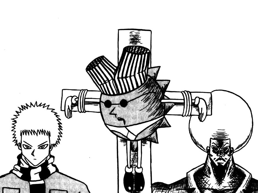 Panel de manga con Bobobo, Impredecible y Don Patch, el último de estos siendo crucificado