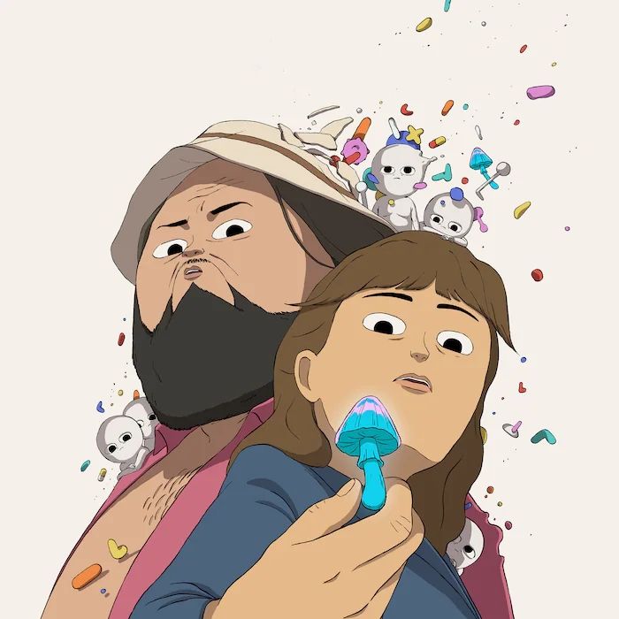 Illustration of Marshall and Frances from animated series, Common Side Effects.
