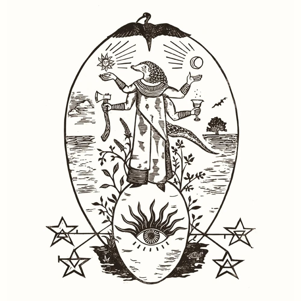 A black and white lino print I made showing a mystic pangolin standing atop a cosmic egg, summoning the forces of the universe. The print illustrates a poem I wrote. 