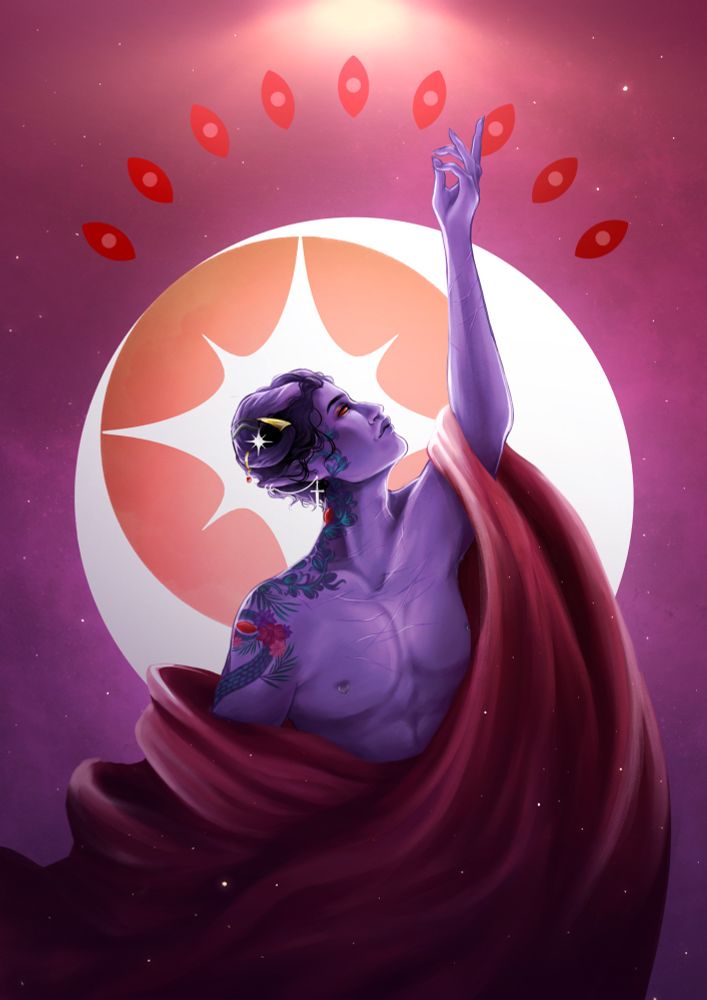 Fanart of Mollymauk Tealeaf from Critical Role. He’s reaching upwards and wearing a red flowy robe.