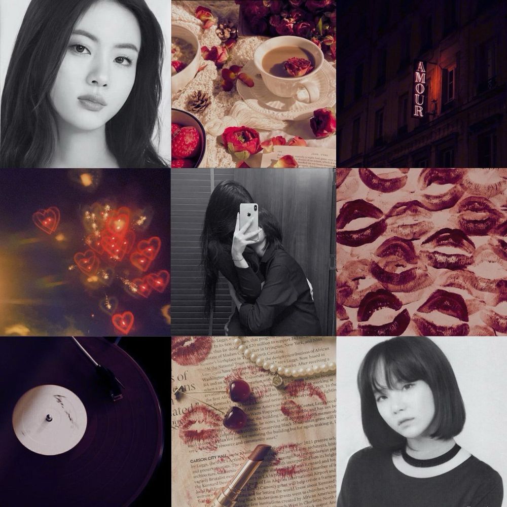 moodboard with a red theme and yoonjin as lesbians