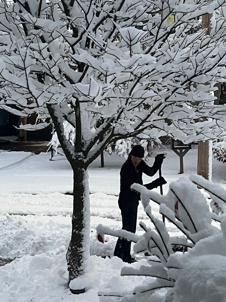 A man shovelling a foot of snow off of a sidewalk and driveway.