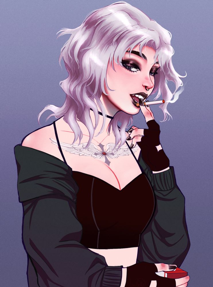 an illustration of a woman with platinum hair and dark eyes. she is smoking a cigarette, and has a somewhat flirty, carefree look. she has dark grey makeup, a nose piercing, a black choker, and a large tattoo of a cross with wings across her chest. she is also wearing a baggy green jacket that's exposing her shoulders, a bralette type top, and fingerless gloves. her nails are also painted black.