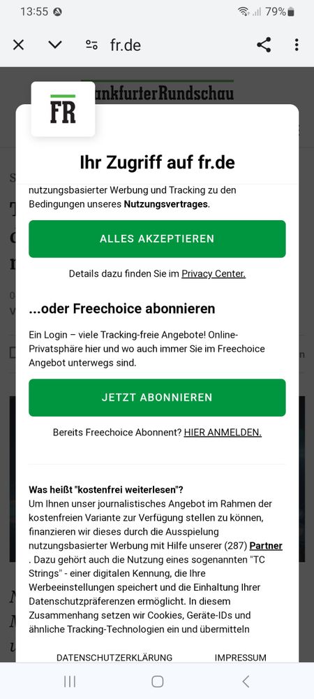 Bild mit der Aufforderung der Frankfurter Rundschau ein Abo zu kaufen oder der Daten-Verfolgung zuzustimmen
