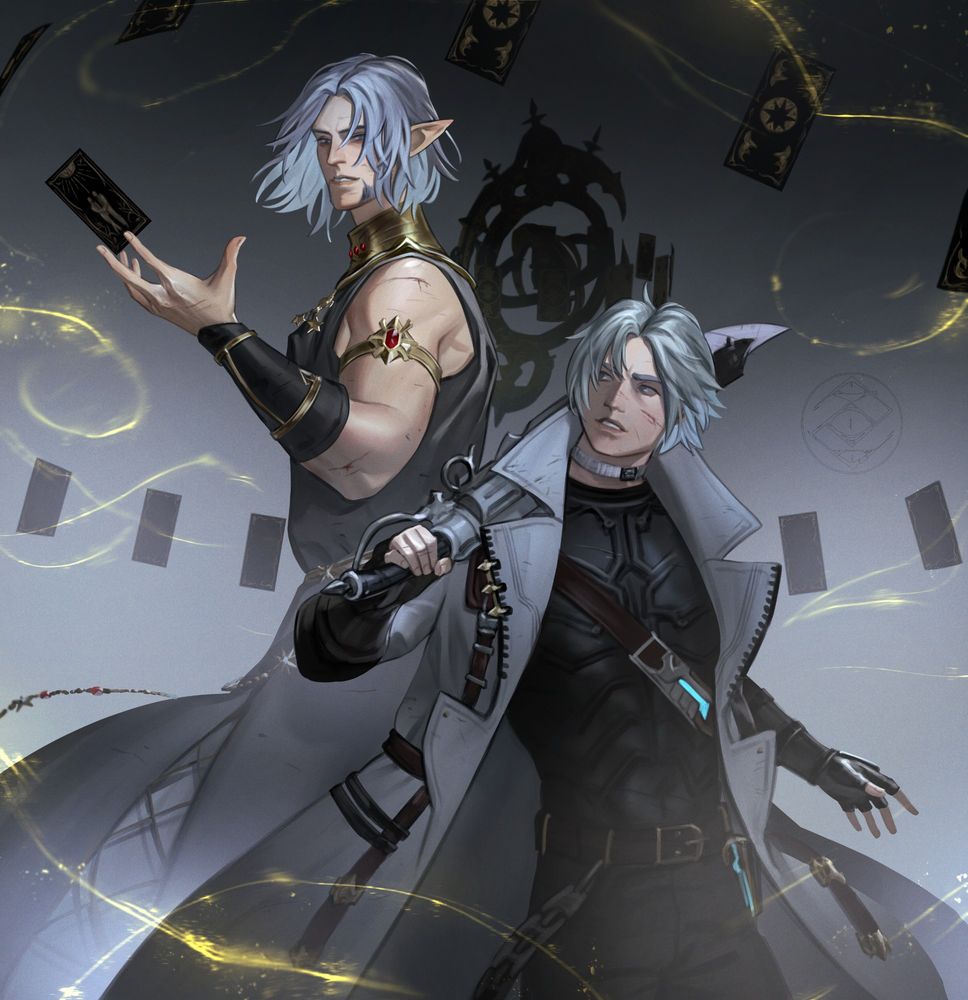 Thancred and Urianger from Final Fantasy XIV stand back to back in a grey mist surrounded by Urianger's astrologian cards and magic. They are both in a defensive position guarding each other - Urianger with a card held aloft and Thancred with his gun blade on his shoulder - while they glance towards the other in concern and worry.
