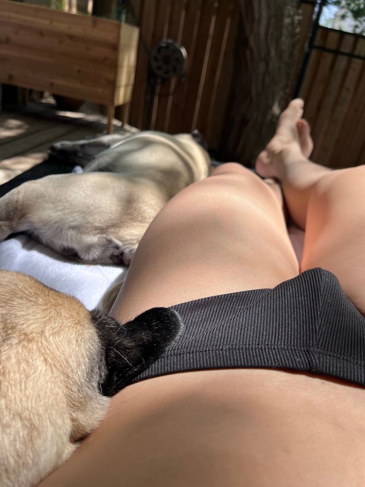 Lower body of a man wearing speedo laying on sofa next to 2 puga