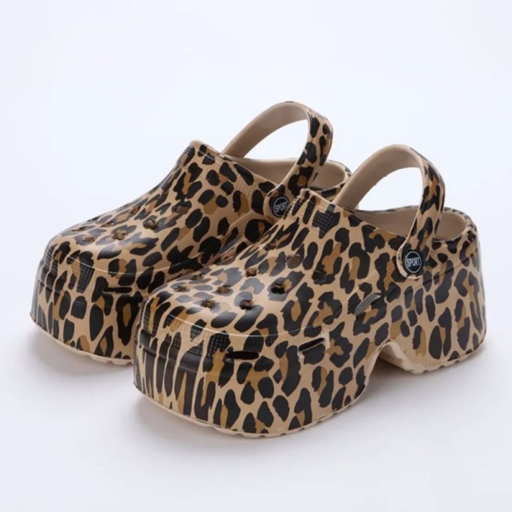 $25.55 | Leopard Thick Bottom Clogs for Women Closed Toe Chunky Platform Sandals Woman Summer 2023 Super High Wedge Heel Slippers Female