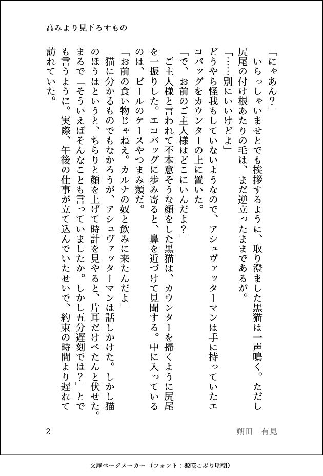 「にゃあん？」
　いらっしゃいませとでも挨拶するように、取り澄ました黒猫は一声鳴く。ただし尻尾の付け根あたりの毛は、まだ逆立ったままであるが。
「……別にいいけどよ」
どうやら怪我もしていないようなので、アシュヴァッターマンは手に持っていたエコバッグをカウンターの上に置いた。
「で、お前のご主人様はどこにいんだよ？」
　ご主人様と言われて不本意そうな顔をした黒猫は、カウンターを掃くように尻尾を一振りした。エコバッグに歩み寄ると、鼻を近づけて見聞する。中に入っているのは、ビールのケースやつまみ類だ。
「お前の食い物じゃねえ。カルナの奴と飲みに来たんだよ」
　猫に分かるものでもなかろうが、アシュヴァッターマンは話しかけた。しかし猫のほうはというと、ちらりと顔を上げて時計を見やると、片耳だけぺたんと伏せた。まるで「そういえばそんなことも言っていましたか。しかし五分遅刻では？」とでも言うように。実際、午後の仕事が立て込んでいたせいで、約束の時間より遅れて訪れていた。
