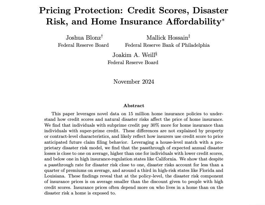 This paper leverages novel data on 15 million home insurance policies to understand how credit scores and natural disaster risks affect the price of home insurance. We find that individuals with subprime credit pay 30% more for home insurance than individuals with super-prime credit. These differences are not explained by property or contract-level characteristics, and likely reflect how insurers use credit score to price anticipated future claim filing behavior. Leveraging a house-level match with a proprietary disaster risk model, we find that the passthrough of expected annual disaster losses is close to one on average, higher than one for individuals with lower credit scores, and below one in high insurance-regulation states like California. We show that despite a passthrough rate for disaster risk close to one, disaster risks account for less than a quarter of premiums on average, and around a third in high-risk states like Florida and Louisiana. These findings reveal that at the policy-level, the disaster risk component of insurance prices is on average smaller than the discount given to people with high credit scores. Insurance prices often depend more on who lives in a home than on the disaster risk a home is exposed to