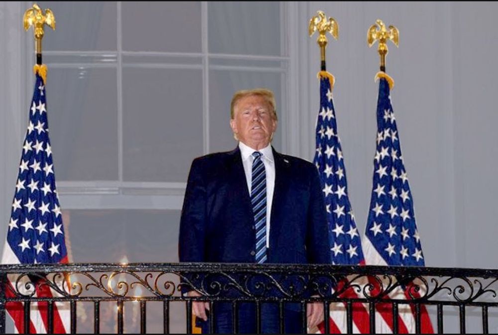 trump on a balcony in 2020 when he got Covid the first time — in his feelings, thinking about Evita