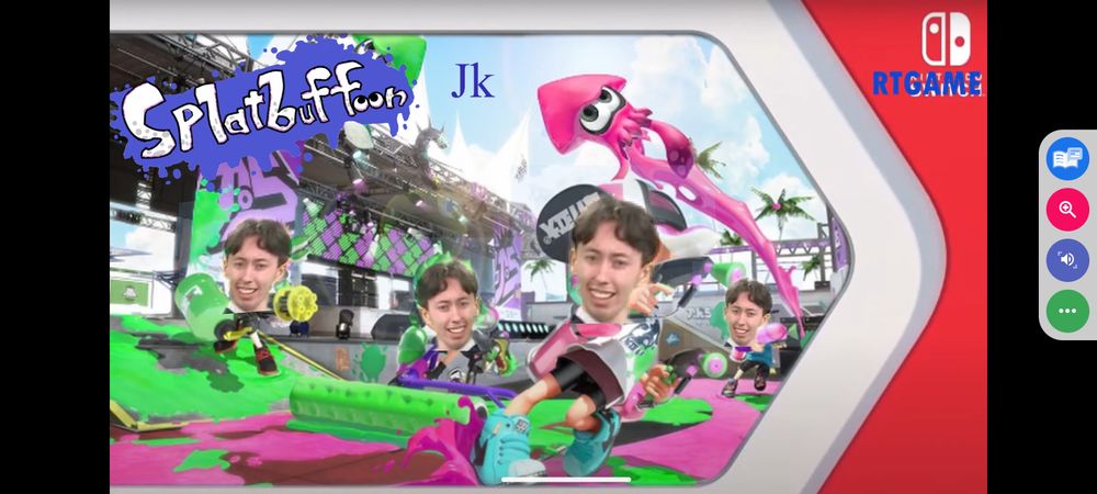 A poster for an RTGame version of Splatoon titled "splatbuffoon" where the inklings all have RT's face