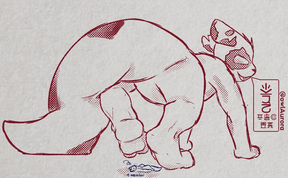 an anthro, macro artificer leaning down to do some stretches, hovering a paw over a very worn out and dizzy micro. the text is all in a mysterious language, but certainly imples she's enjoying how helpless and smothered they are