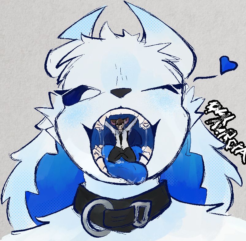 bust shot of jax facing the viewer, with her mouth held open by a tiny demi-mouse covered in saliva