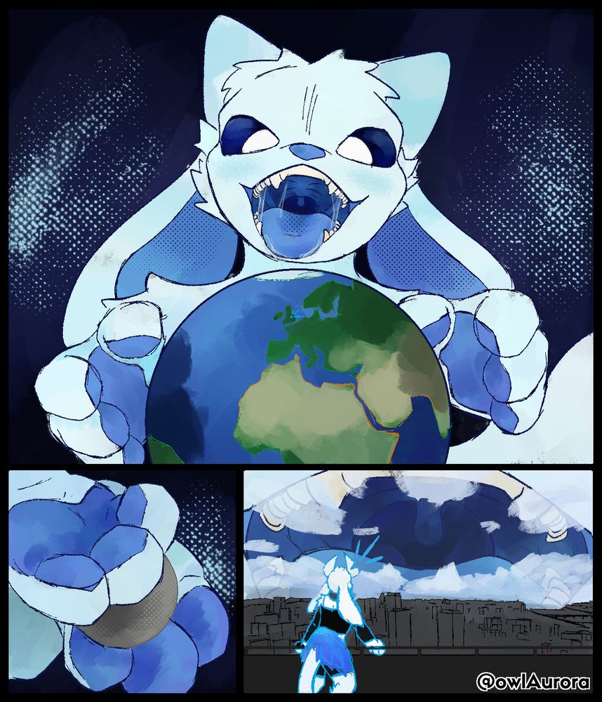 a 3 panel comic of a giant guardian spirit over looming over the earth
panel 1 : centrepiece of proto looming over the earth, maw open wide and slick with saliva and hands hovering around it as though they might grab onto the whole world
panel 2 : a close shot of their paws, smooshing the moon between them
panel 3 : low POV of jax in a city, leaning over a balcony and looking as the sky in front of her starts looking like a looming maw