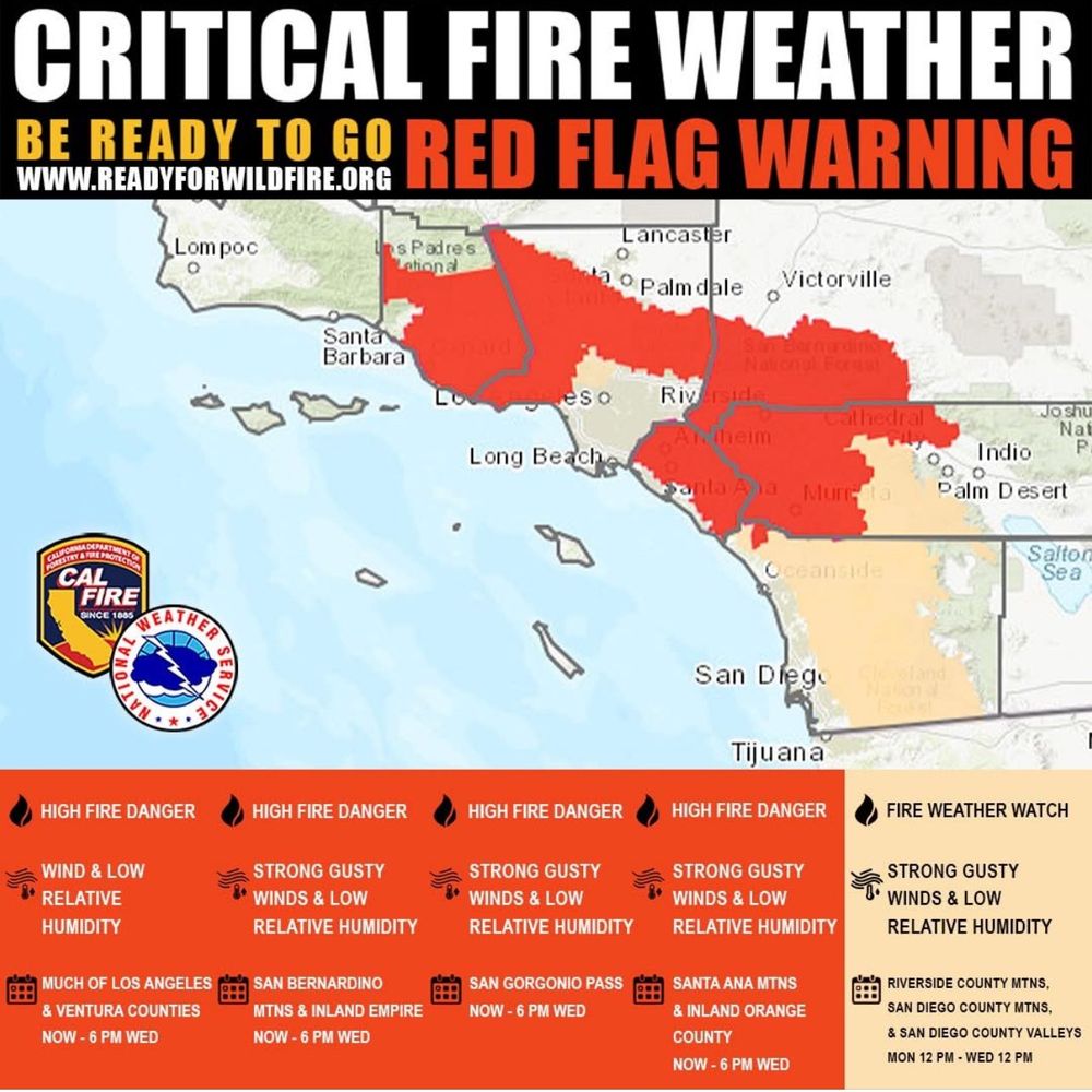 A map showing red flag warning areas, specifically Los Angeles, Orange, Ventura, and San Bernardino Counties.
