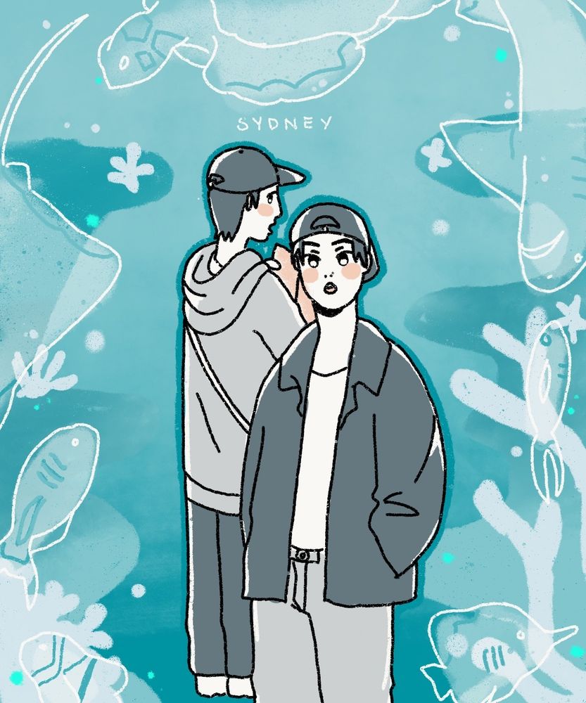 Lee Know looking at sealife, Han looking at Lee Know.